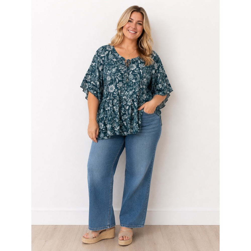 Wonderly Babydoll Top 3X Teal Floral Paisley Cotton Gauze Tie Neck Peplum